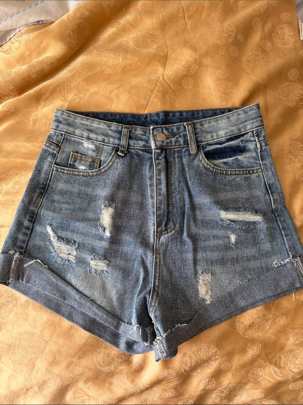 High-Rise Distressed Denim Shorts - Blue